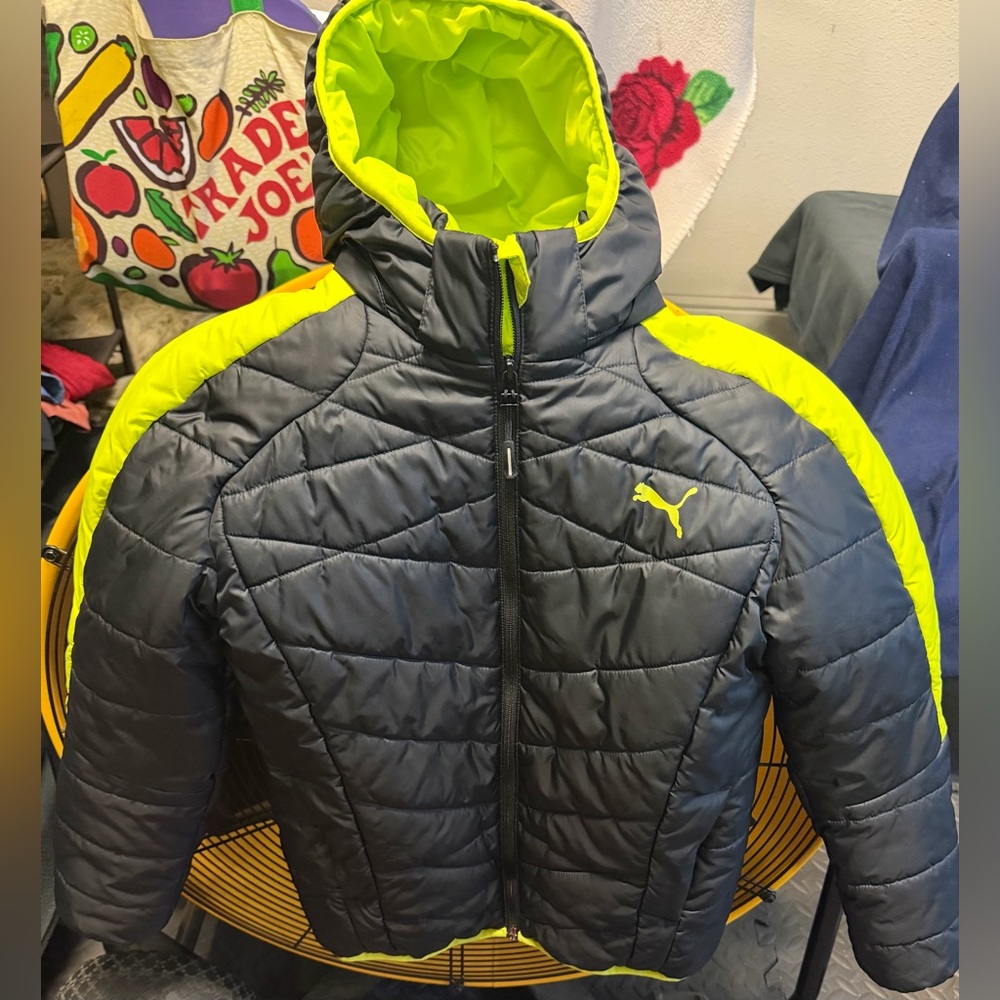 Puma Kids Puffer Jacket - Black with Neon Yellow